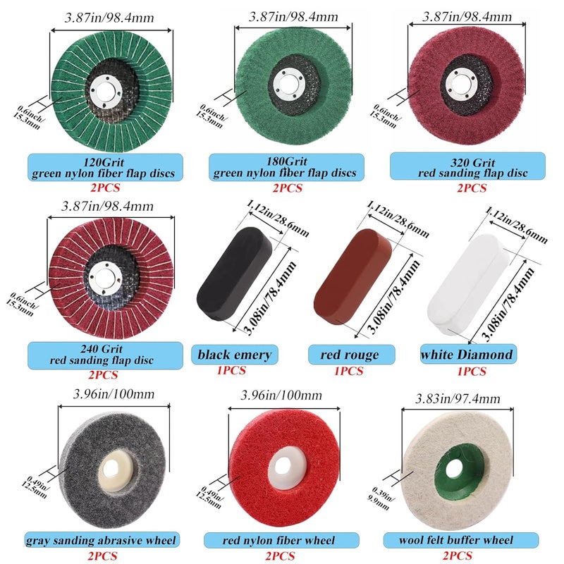Sunxeke 18Pcs 4 Inch Buffering Wheels Polishing Kit with Compound for Angle Grinder,Includes 14Pcs Nylon Fiber Flap Disc & Wool Felt Polishing Wheel,3Pcs Buffing Compounds and Sanding Sponge - Image 2